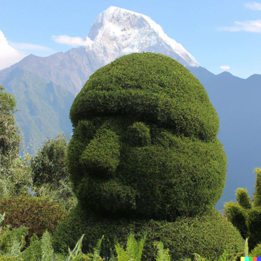 topiary in the shape of someone gazing at Mount Everest